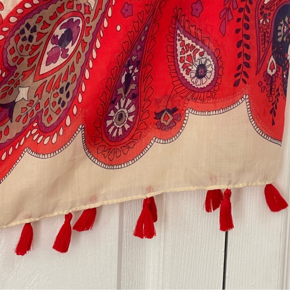 Vintage rn14750 Infinity Scarf with tassel fringe cream/red/blue - Picture 2 of 3